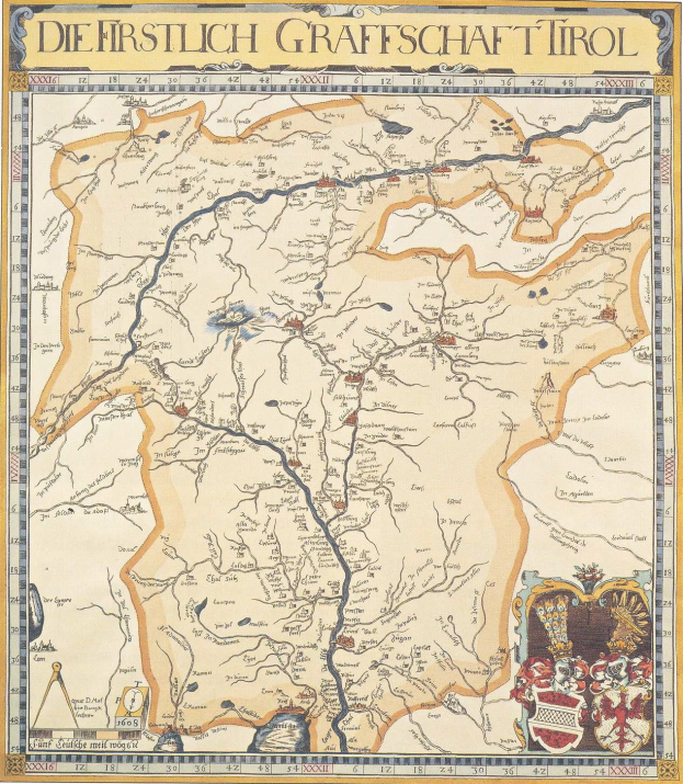 Ein detailliertes historisches Plakat der ersten Grafschaft Tirol-Karte, das geografische Merkmale wie Flüsse, Berge und Städte zeigt, mit begleitendem Text über die Region und ihre Bewohner.
