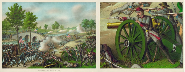 Ein Plakat, das die Schlacht von Antietam zeigt, mit Soldaten, die stehen, einige mit Gewehren, andere am Boden liegend, vor Bäumen, einer Brücke, Fahnen, Rauch und einem bewölkten Himmel, mit Text unten.