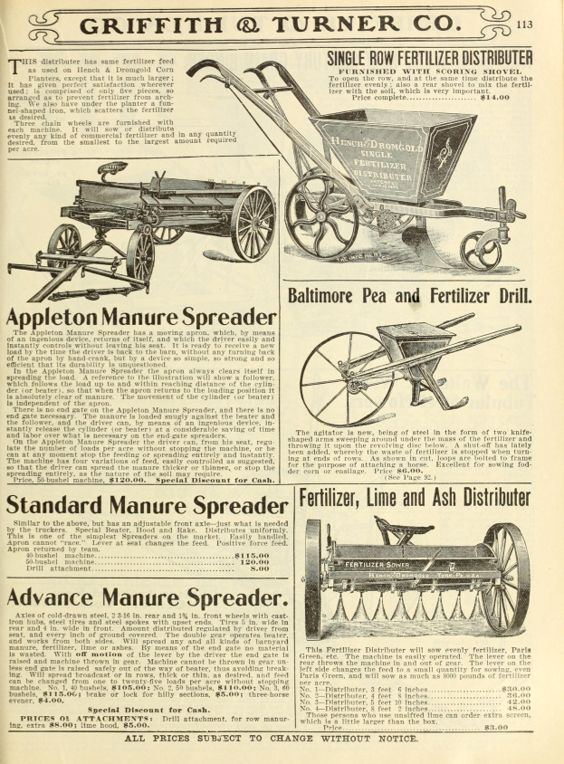 Eine alte Werbung für Griffith & Turner Co. Landmaschinen, die verschiedene Landmaschinen und beschreibenden Text zeigt.