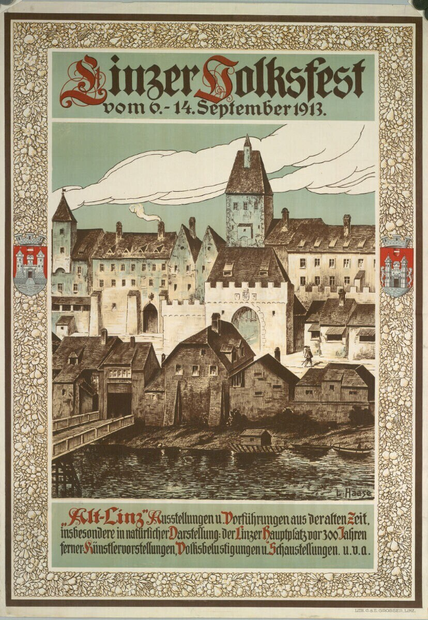Alter deutscher Festplakat mit einer Burgenillustration umgeben von Häusern und Text.
