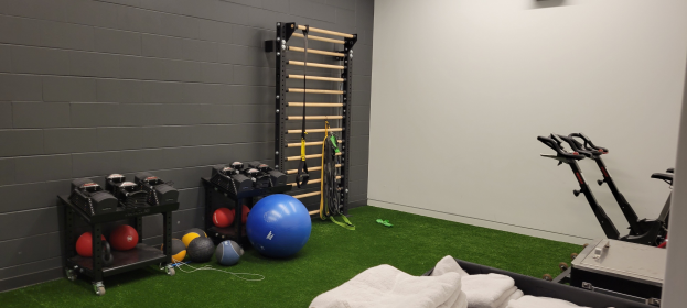 Ein Heimfitnessstudio mit Sportgeräten wie Bällen und Hanteln auf Gestellen, Handtücher auf dem Boden und eine Wand mit einem Gegenstand im Hintergrund, alles auf künstlichem Grasboden.