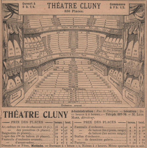 Eine alte Zeitungsannonce für das Theater Cluny in Paris, die eine detaillierte Zeichnung des Auditoriums mit Sitzreihen, Vorhängen und Text zur Sitzplatzanordnung zeigt.