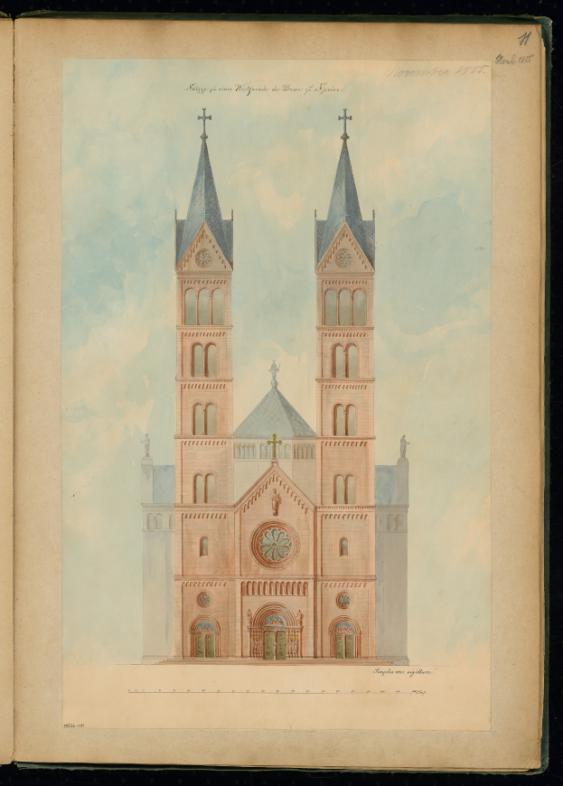 Ein aufgeschlagenes Buch mit einer detaillierten Zeichnung einer Kirche mit hohen Türmen, begleitet von beschreibendem Text.