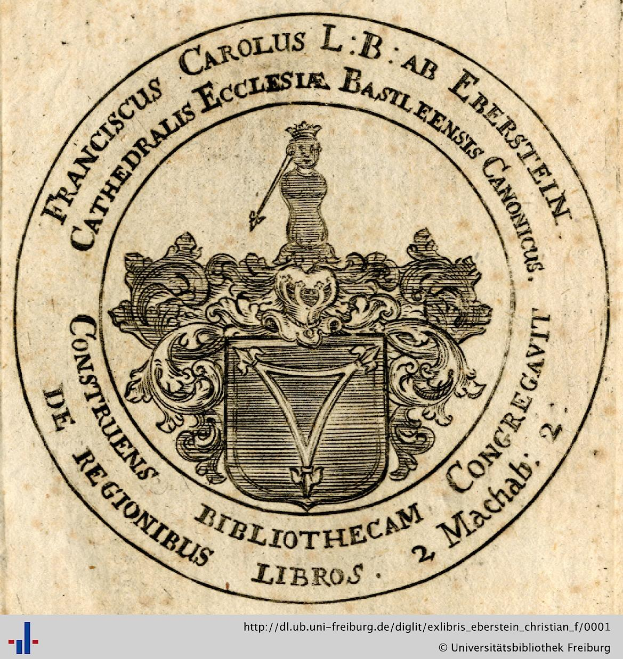 Ein altes Buch mit einem Wappen, das einen Schild mit einer Krone darauf zeigt, umgeben von einem Lorbeerkranz und einem Banner mit der Aufschrift 'Bibliothek' in Schriftart und dem Wort 'Bibliotheken' darunter in fetter Schrift.