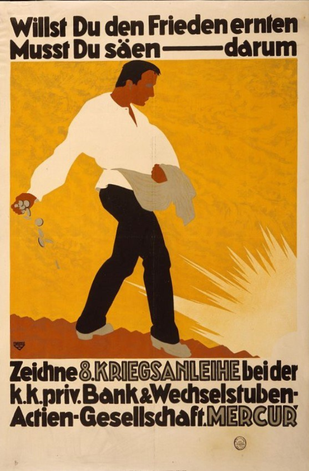 Deutsches Propagandaplakat für die Bank von Deutschland mit einem Mann in weißem Hemd und schwarzen Hosen sowie Text mit Bankinformationen.