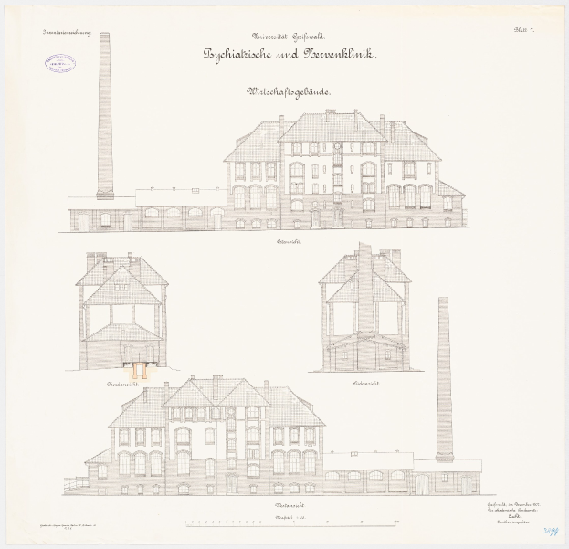 Eine Zeichnung eines Gebäudes mit vielen Fenstern und einem Schornstein, das mutmaßlich ein Psychiatriekrankenhaus in Deutschland ist, mit handgeschriebener Text auf dem Papier.