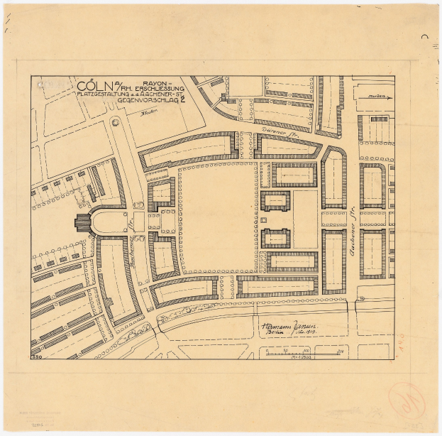Alte Karte von Köln, Deutschland, die ein detailliertes Gebäude-layout mit handgeschriebenen Textanmerkungen zeigt.