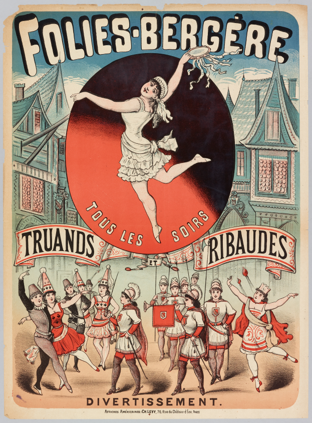 Ein Plakat, das eine Tanzshow in Paris ankündigt, zeigt eine Gruppe von Menschen, die im Vordergrund tanzen, mit Gebäuden im Hintergrund und beschreibendem Text.