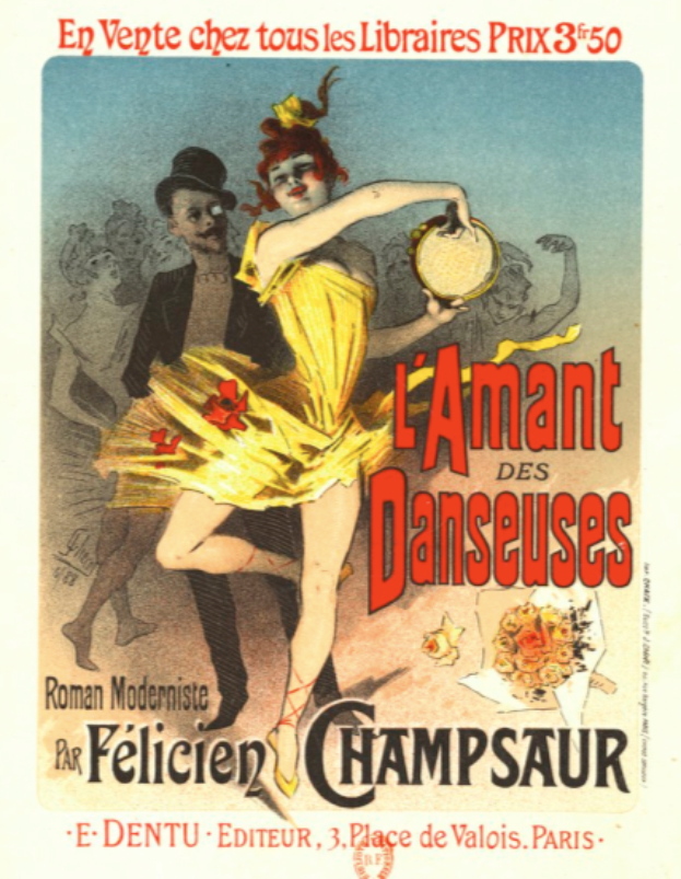 Ein Plakat wirbt für eine Tanzshow in Paris, das eine Frau in einem gelben Kleid und einen Mann in einem schwarzen Anzug zeigt, mit Text, der die Show beschreibt.