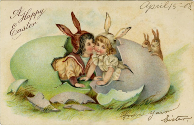 Altmodische Ostern-Postkarte mit zwei Kindern in einem großen Ei sitzend, flankiert von zwei Kaninchen, mit Text, der einen fröhlichen Osterwunsch ausspricht.