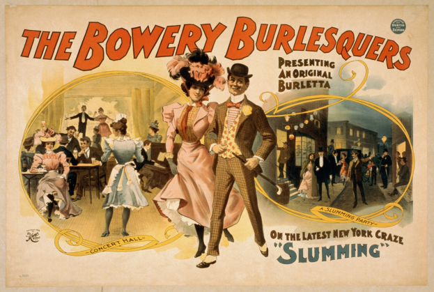 Plakat für "The Bowery Burlesquers" mit einer Gruppe von Tänzerinnen vor Gebäuden, mit Veranstaltungseinzelheiten im Text.