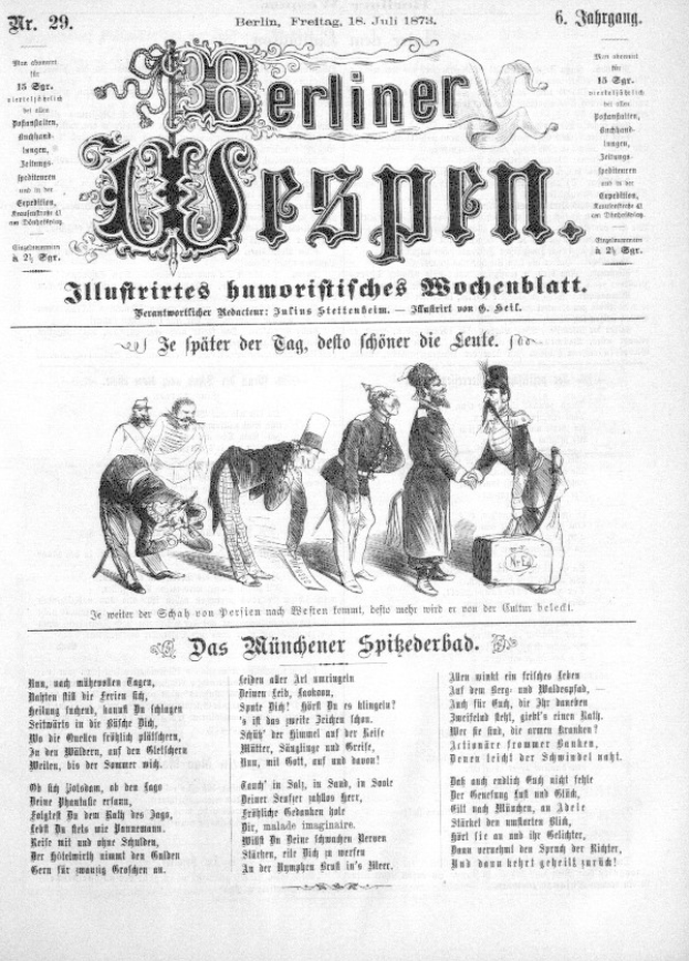Ein altes Zeitungsblatt mit einer Karikatur eines Mannes in Zylinder und einer Frau in Kleid, beide sorgenvoll, betitelt 'Berliner Wespn, Juli 1873'.