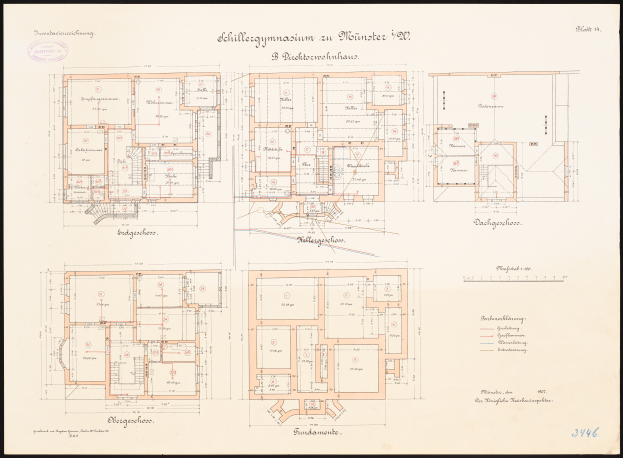 Ein Schwarz-Weiß-Plan eines Gebäudes mit vielen Räumen, bei dem es sich wahrscheinlich um das Schiller-Gymnasium in München handelt.
