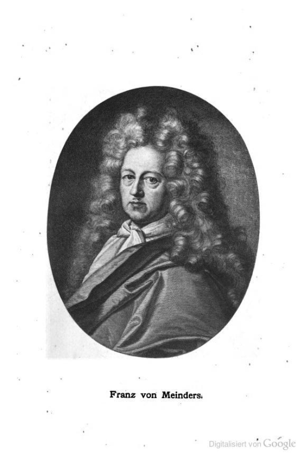 Schwarz-weiß-Porträt von Franz von Meinders, einem deutschen Komponisten mit langen lockigen Haaren, mit deutschem Text unten.