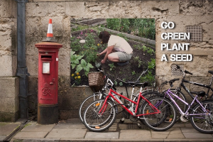 Fahrräder in der Nähe eines Briefkastens mit einer Sicherheitskegel auf der Spitze, ein Plakat an einer Wand im Hintergrund und ein Weg am unteren Rand des Bildes.
