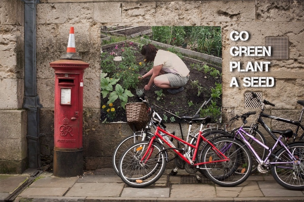 Fahrräder in der Nähe eines Briefkastens mit einer Sicherheitskegel auf der Spitze, ein Plakat an einer Wand im Hintergrund und ein Weg am unteren Rand des Bildes.
