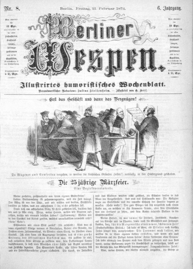 Eine alte Zeitung namens "Berliner Wespen" vom 21. Februar 1873, die eine Gruppe von Menschen in traditioneller deutscher Kleidung zeigt, die sich unterhält.