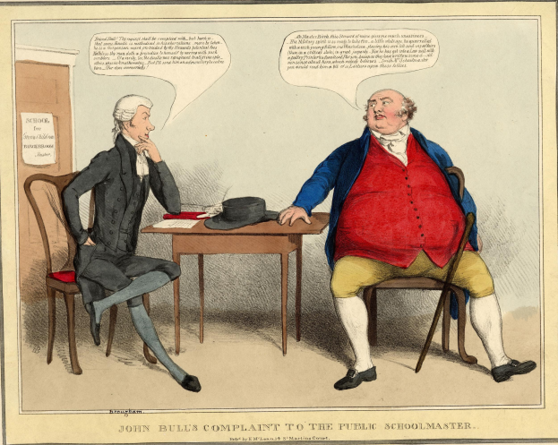 John Bull steht einem sitzenden Schuldirektor gegenüber an einem Tisch mit einem Hut und Papieren, während eine weitere Person in der Nähe sitzt; eine Tür und ein an der Wand angebrachtes Papier sind im Hintergrund sichtbar.