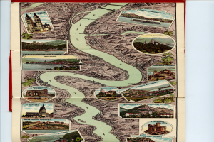 Ein altes Kartenbild des Rheins in Deutschland, gerahmt und mit Abbildungen von Gebäuden, Bäumen und Wasser.