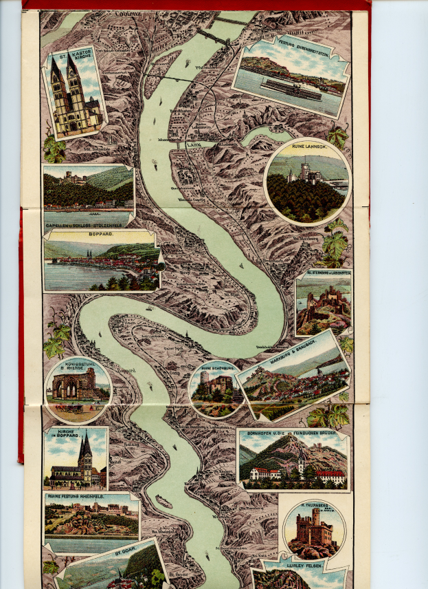 Ein altes Kartenbild des Rheins in Deutschland, gerahmt und mit Abbildungen von Gebäuden, Bäumen und Wasser.