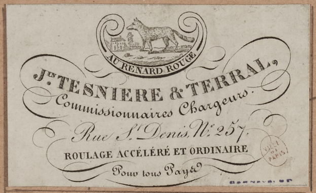 Alte Visitenkarte mit einem Hundebild in der Mitte und Text darauf.