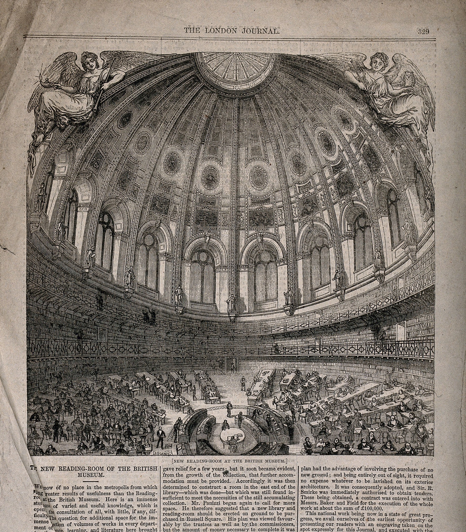 Ein nostalgisches Illustration eines Konzertsäle-Interieurs, das ein Publikum, Skulpturen und beschreibenden Text zeigt.