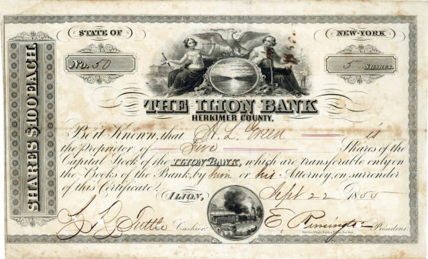 Ein altes Aktienzertifikat mit einem Mann und einer Frau, auf dem der Name der Bank und das Ausstellungsdatum gedruckt sind.