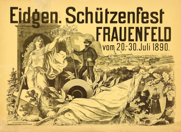 Plakat zum Eidgen Schützenfest in Frauenfeld, Deutschland, mit einem Mann im Anzug und einer Frau in einem Kleid, die nebeneinander stehen, und Textdetails.