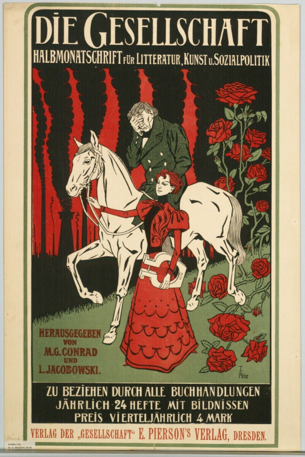 Ein deutsches Propagandaplakat mit einem Mann und einer Frau auf einem Pferd umgeben von Rosen, mit Textinformationen zu einem Ereignis.