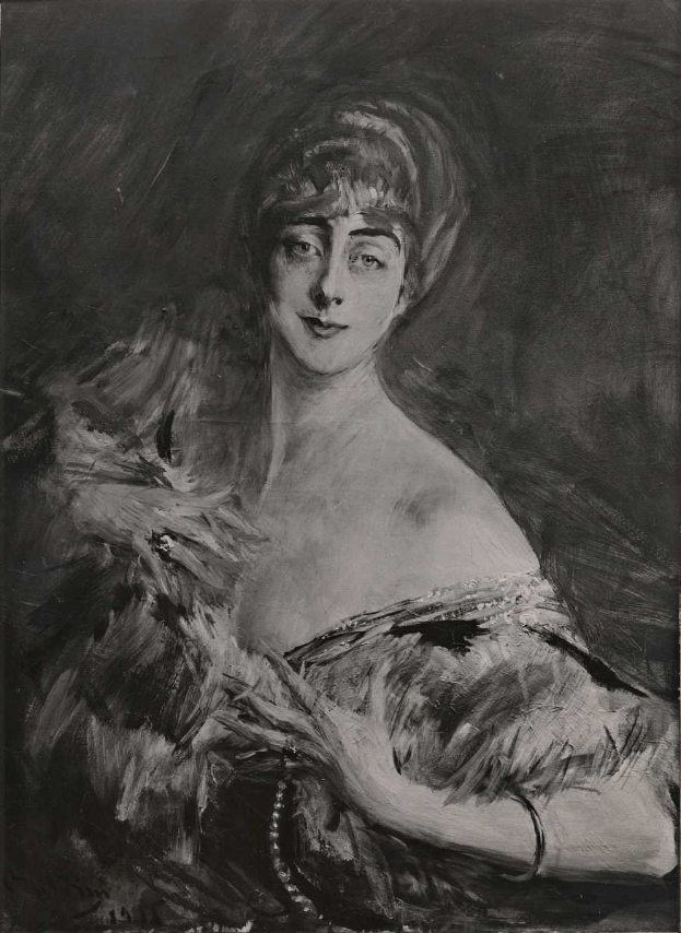 Ein Schwarz-Weiß-Porträt einer Frau in einem Federkleid, gemalt von John Singer Sargent, das sie in einer anmutigen Pose zeigt, mit ihrem Haar, das ihr den Rücken hinabfällt und ihren Blick in die Ferne gerichtet.