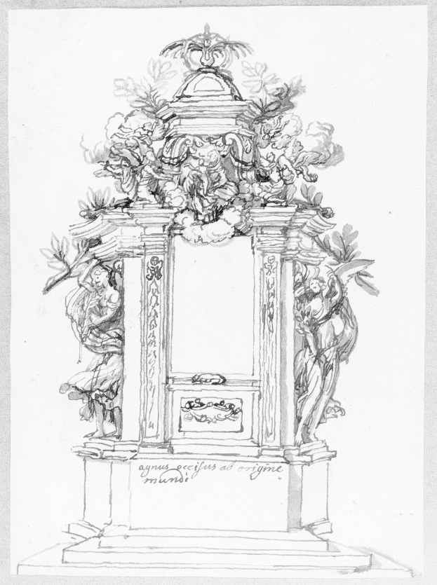 Eine Schwarz-Weiß-Zeichnung eines prunkvollen Brunnens mit detaillierten Verzierungen und Text, gekrönt von einer Statue.