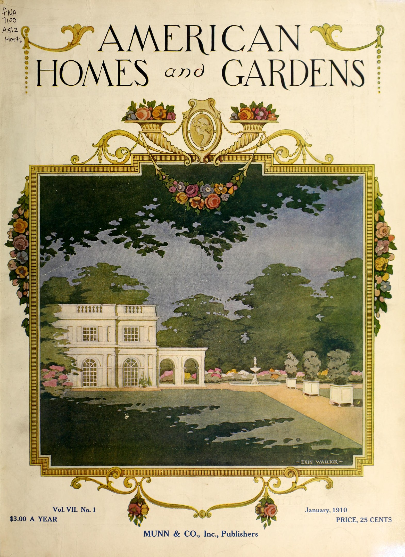 Titelbild von "American Homes and Gardens, Januar 1910" mit einem von Bäumen und Blumen umgebenen Haus