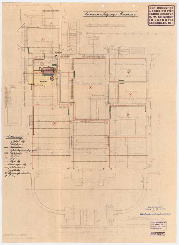 Schwarz-weißer Architekturplan des Rosenhof-Krankenhauses in Hamburg, Deutschland, mit detaillierter Layoutdarstellung mit zahlreichen Drähten, die elektrische oder strukturelle Plane anzeigen, und begleitenden Textannotations.