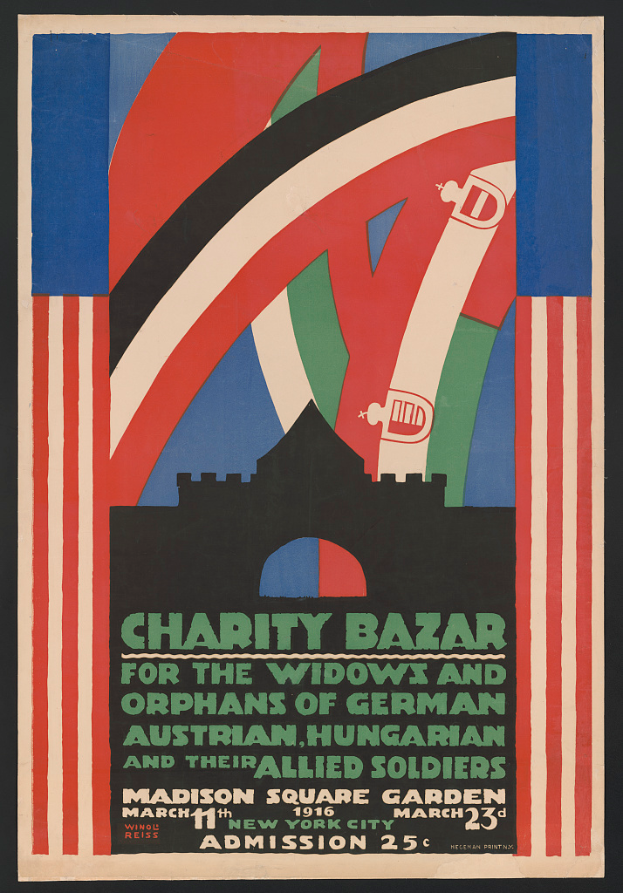 Ein Plakat für einen Wohltätigkeitsbasar zugunsten der Witwen und Waisen von Soldaten verschiedener Nationen, mit Text zu den Veranstaltungseinzelheiten.
