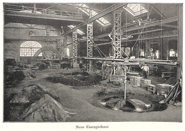Ein altes Schwarz-Weiß-Foto einer Fabrik mit Menschen, die an einer Maschine arbeiten, umgeben von Metallstangen und -pfählen, mit dem Text "Neue Eisenglebeerei, die erste Fabrik in Deutschland" unten.