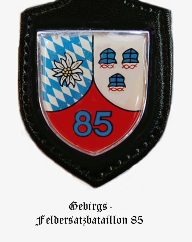 Ein Abzeichen mit der Nummer 85, das die bayerische Fussballmannschaft darstellt, mit deutschem Text unten.