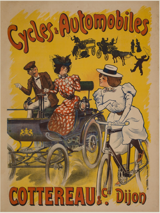 Plakat, das Fahrräder und Automobile in Cottereau und Dijon, Frankreich, bewirbt, zeigt Menschen, die Fahrräder fahren und eine Kutsche mit dem Text "Fahrräder und Automobile" oben.