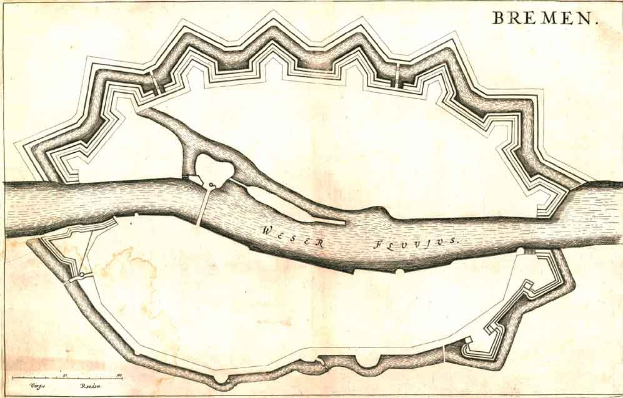 Ein Plakat mit einer detaillierten Karte von Bremen, Deutschland, mit Straßen, Gebäuden und Sehenswürdigkeiten, begleitet von Text.