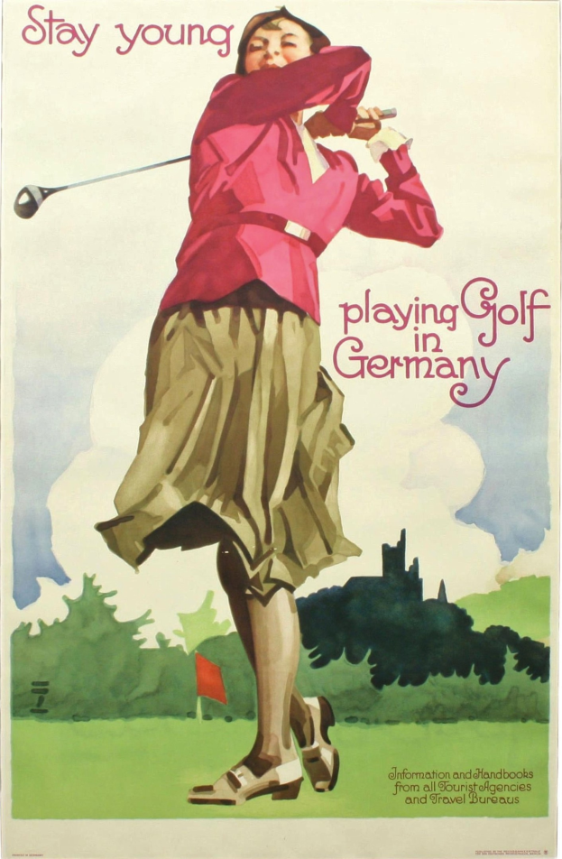 Ein Plakat, das eine Frau mit einem Golfschläger in der Hand zeigt, umgeben von Bäumen und einem Flagge im Hintergrund, begleitet von Text über einen Golfplatz in Deutschland.