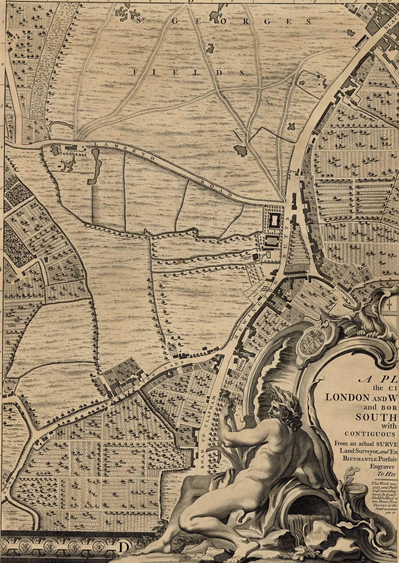 Ein detailliertes London- und Umgebungs-Kartenplakat mit einer zentralen Skulptur einer Person.