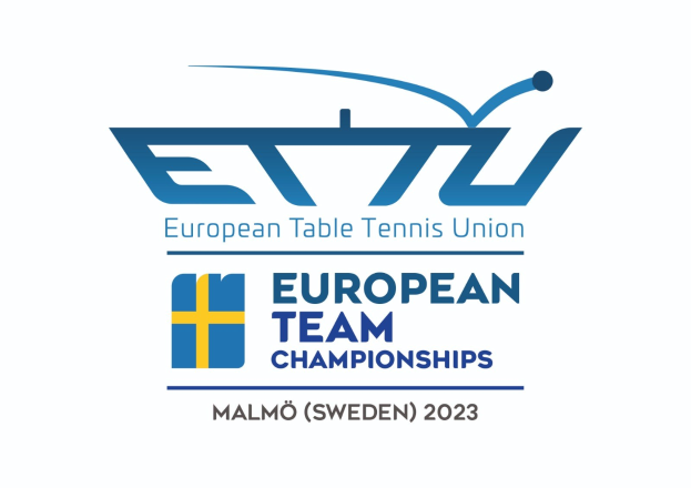 Das Logo der Europäischen Tischtennis-Union (ETTU) für die Europameisterschaften, bestehend aus einem blauen Kreis mit einem weißen Tennisracket, weißer und blauer Umrandung und fettem schwarzem Text darunter.