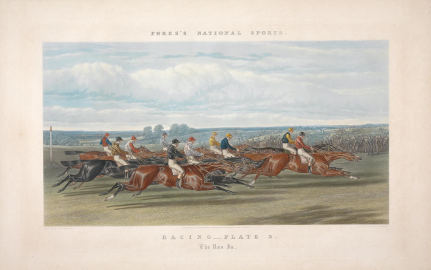 Gemälde von Reitergruppen auf einer Rennbahn mit Bäumen und Wolken im Hintergrund, untertitelt mit "Racing Plate 3: The Run 3" unten.