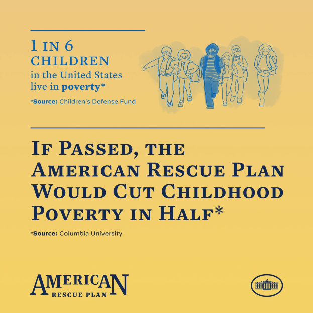 Plakat für den American Rescue Plan, mit dem Text, dass es die Kinderarmut in den USA halbieren würde und einem Bild einer vielfältigen Gruppe von Menschen.