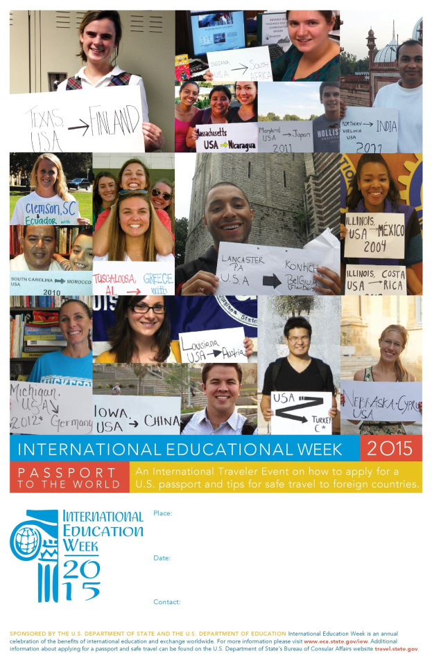 Plakat für die Internationale Bildungswoche 2015, das eine Gruppe strahlender Menschen zeigt, die Schilder mit textbezogenen Informationen halten.