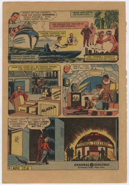 Comic-Heftseite mit einem Mann in einem blauen Anzug mit roter Krawatte und einer Frau in einem weißen Kleid mit einem blauen Schultertuch, vor einem hellblauen Himmel mit weißen Wolken.