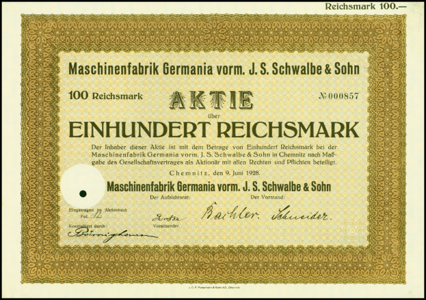 Ein altes deutsches Aktienzertifikat mit goldener Einfassung und fettem Text, gerahmt mit einem schwarzen Rand.