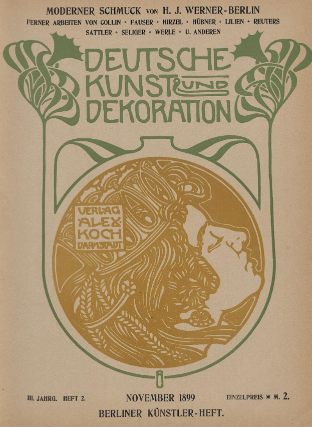 Ein Plakat für die deutsche Kunst und Dekoration-Veranstaltung im Jahr 1899, das einen Mann in Anzug und Krawatte zeigt.