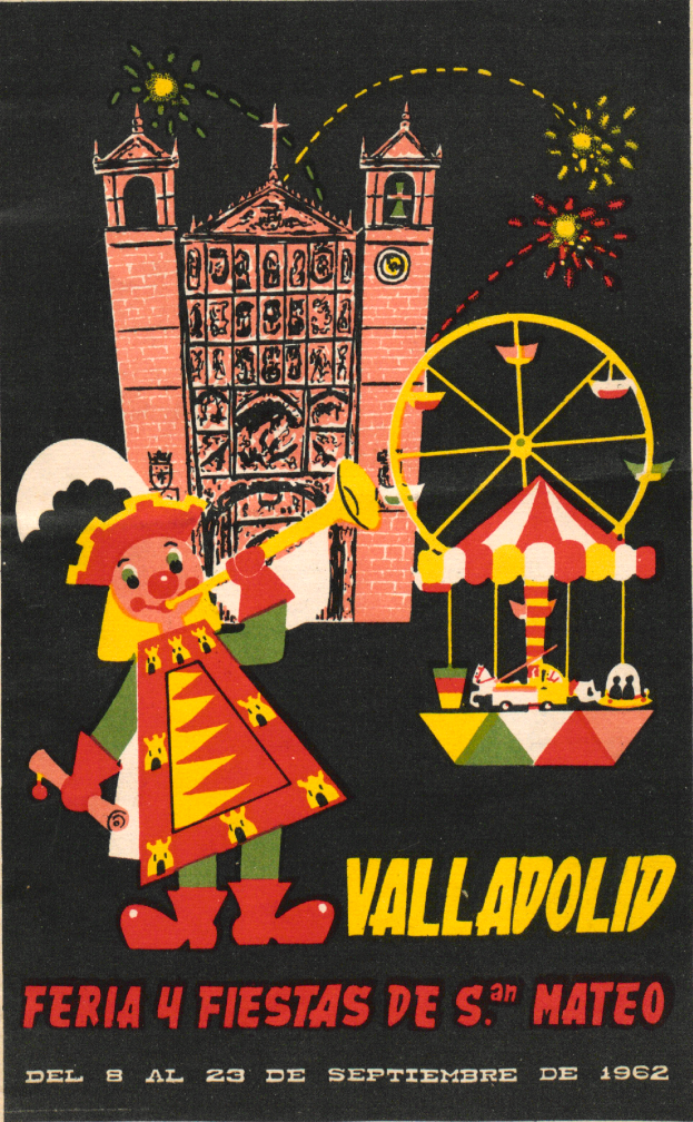 Ein buntes Karnevalplakat mit einem Gebäude, einem Riesenrad, einem Spielzeug und Text, das eine Karnevalsveranstaltung in Valladolid, Spanien, ankündigt.