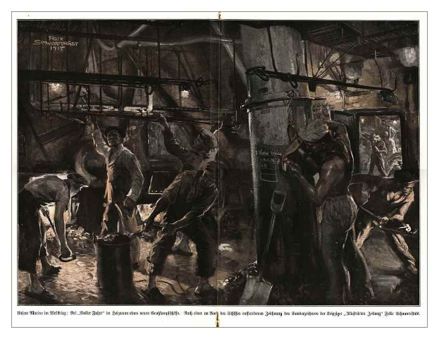 Eine Schwarz-Weiß-Zeichnung von Männern in Helmen und Overalls, die in einer Fabrik arbeiten, umgeben von Maschinen und Werkzeugen, mit dem Text "Fellix Söwertshärt - Die Schmiede" unten.