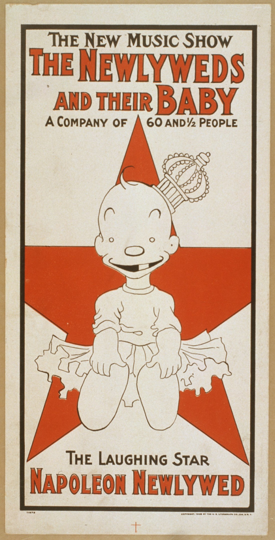 Plakat mit der Aufschrift "The New Music Show: The Newlyweds and Their Baby", das ein Cartoon-Baby in einem weißen Body mit einer pinken Schleife zeigt, das gegen einen hellblauen Hintergrund mit verstreuten Sternen lächelt.